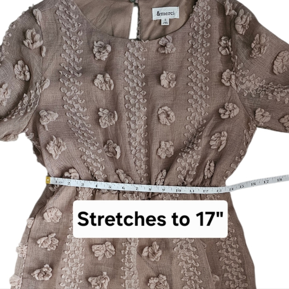 &merci Beige Nude Fairycore Mini Dress Puff Long Sleeves 3D Floral Appliques Sm - Picture 9 of 11